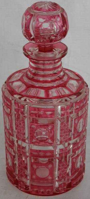 CRANBERRY CUT OVERLAY STOPPERED BOTTLE,: SHOWS LINE IN NECK, BELIEVED TO BE IN MAKING, 7 1/4" H