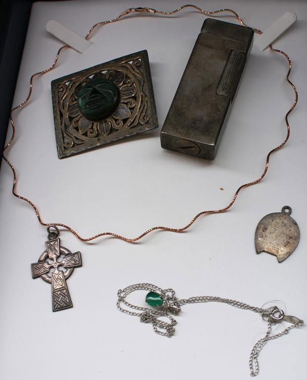 LOT OF SILVER & GOLD JEWELRY; TO INCLUDE: 14K NECKLACE, TIFFANY & OTHER SILVER PENDANTS & PINS, DUNHILL STERLING LIGHTER