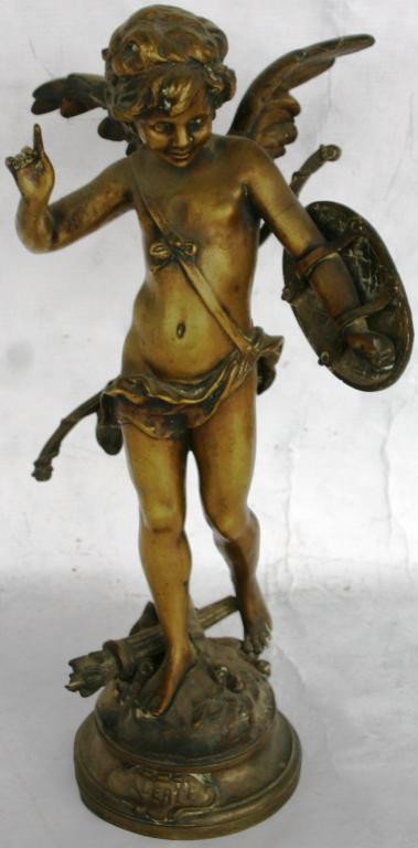 19TH C. BRONZE FIGURE OF A CUPID,: "A LERTE" BY AUG. MOREAU, MARKED IN CIRCLE LU4Z, FRANCE, DENT TO BASE, 15 1/2" H