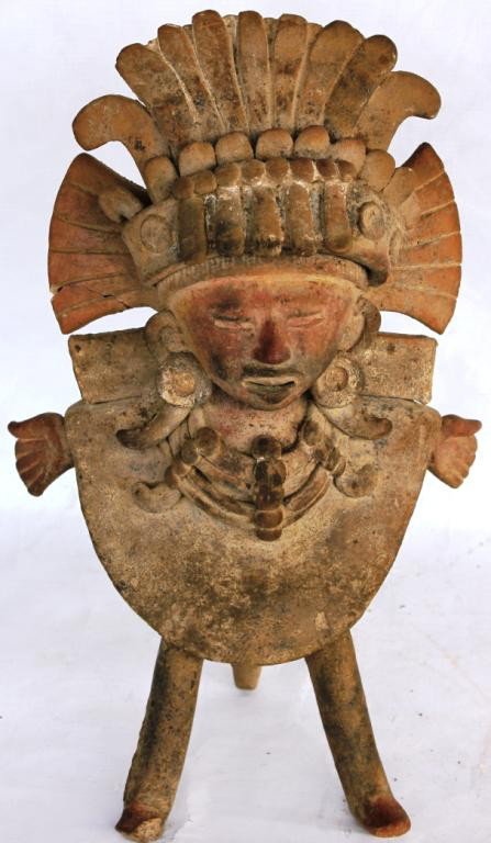 PRE-COLUMBIAN STYLE FIGURAL CLAY STANDING WHISTLE,: 13" H, 8 1/2" W, SOME OLD REPAIRS, PLEASE SEE TERMS