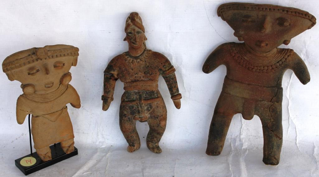 3 PRE-COLUMBIAN STYLE CLAY FIGURES,: 1ST 7 1/2" MALE FIGURE WITH REPAIRS, 2ND 8" MALE FIGURE WITH ODD HEAD, REPAIRED, 3RD 6 1/4" W WITH HEAD DRESS & EARRINGS, REPAIRED, PLEASE SEE TERMS