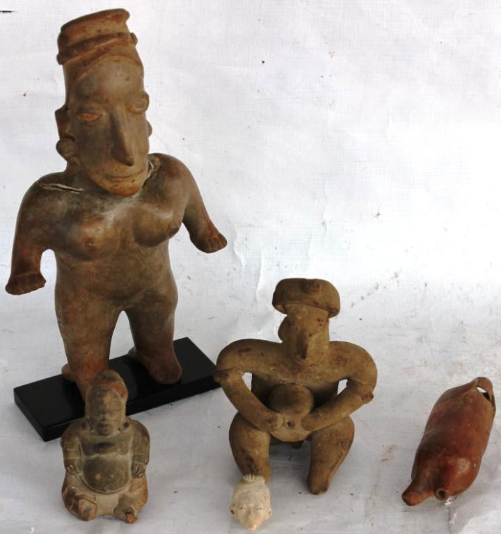 LOT OF 5 PCS. OF PRE-COLUMBIAN STYLE POTTERY,: 8" FEMALE, FIGURE AS IS, 4 1/4" SEATED MALE WITH DRUM, 2 3/4" HUMAN FIGURAL WHISTLE, RED PIGMENT WHISTLE 3 1/2" L, SMALL 3/4" HEAD