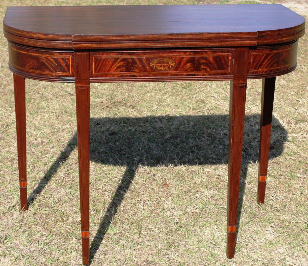 CUSTOM MAHOGANY HEPPLEWHITE STYLE: INLAID CARD TABLE, 31" H, 39" W, 20 1/4" D