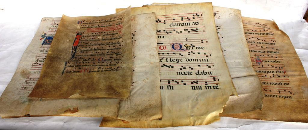 8 PAGES OF SHEET MUSIC PAINTED ON VELLUM: VARIOUS SIZES UP TO 22" X 15"