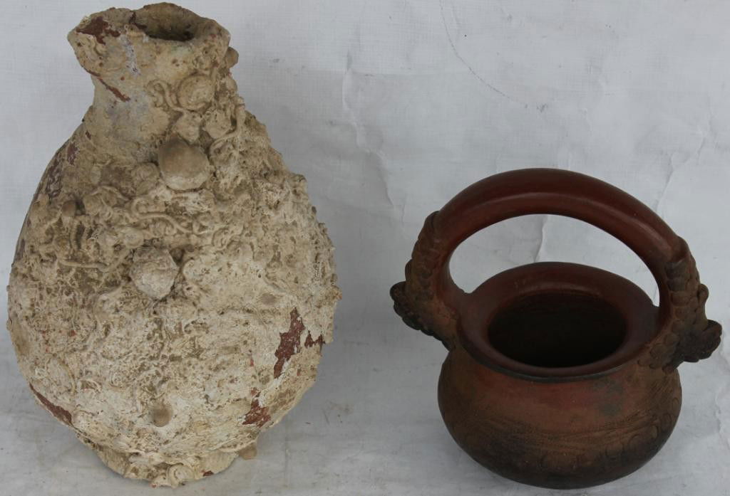 EARLY POTTERY ITEMS TO INCLUDE ENCRUSTED: REDWARE JUG 8" H, MISSING HANDLE , TOGETHER WITH HANDLED POT WITH GRAPE DESIGN, 6"