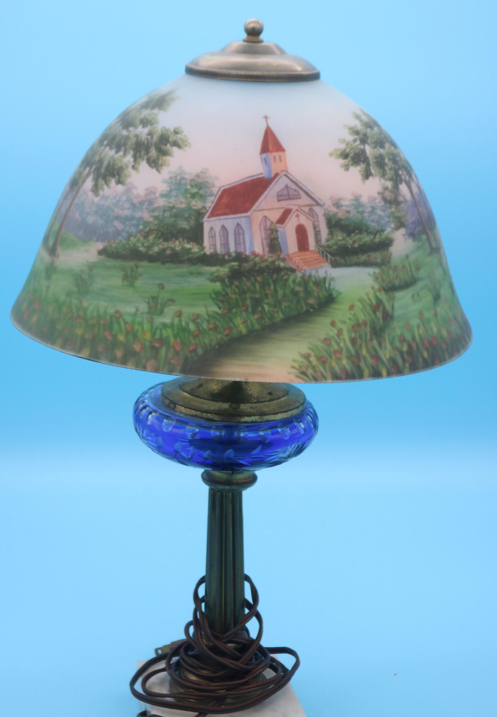 20TH C. REVERSE PAINTED TABLE LAMP, COBALT CUT TO (1 of 2)