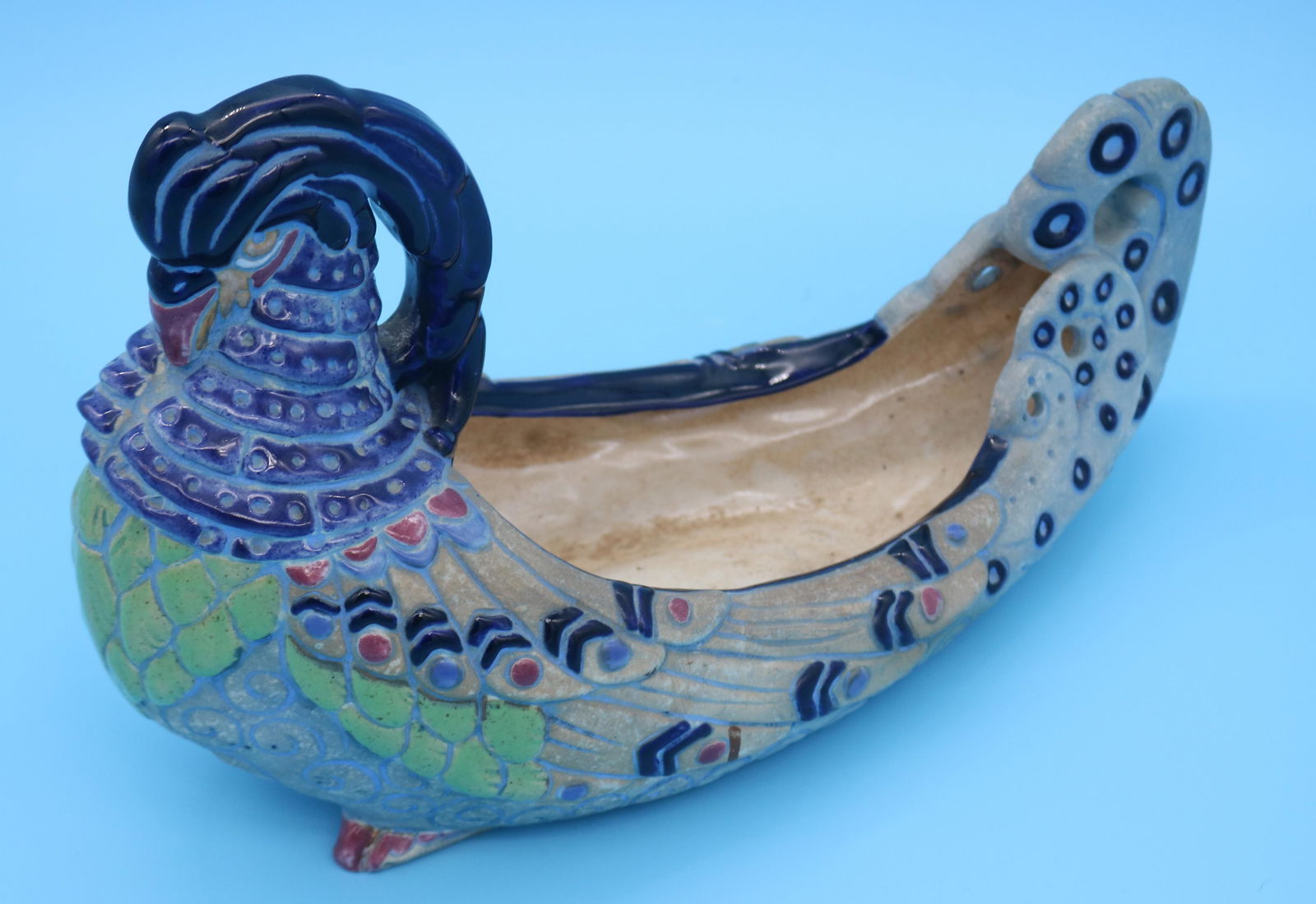 AMPHORA BIRD SHAPED BOWL, MADE IN CZECHOSLOVAKIA,: SOME CRAZING & STAINING, 9 1/2" H, 16" L