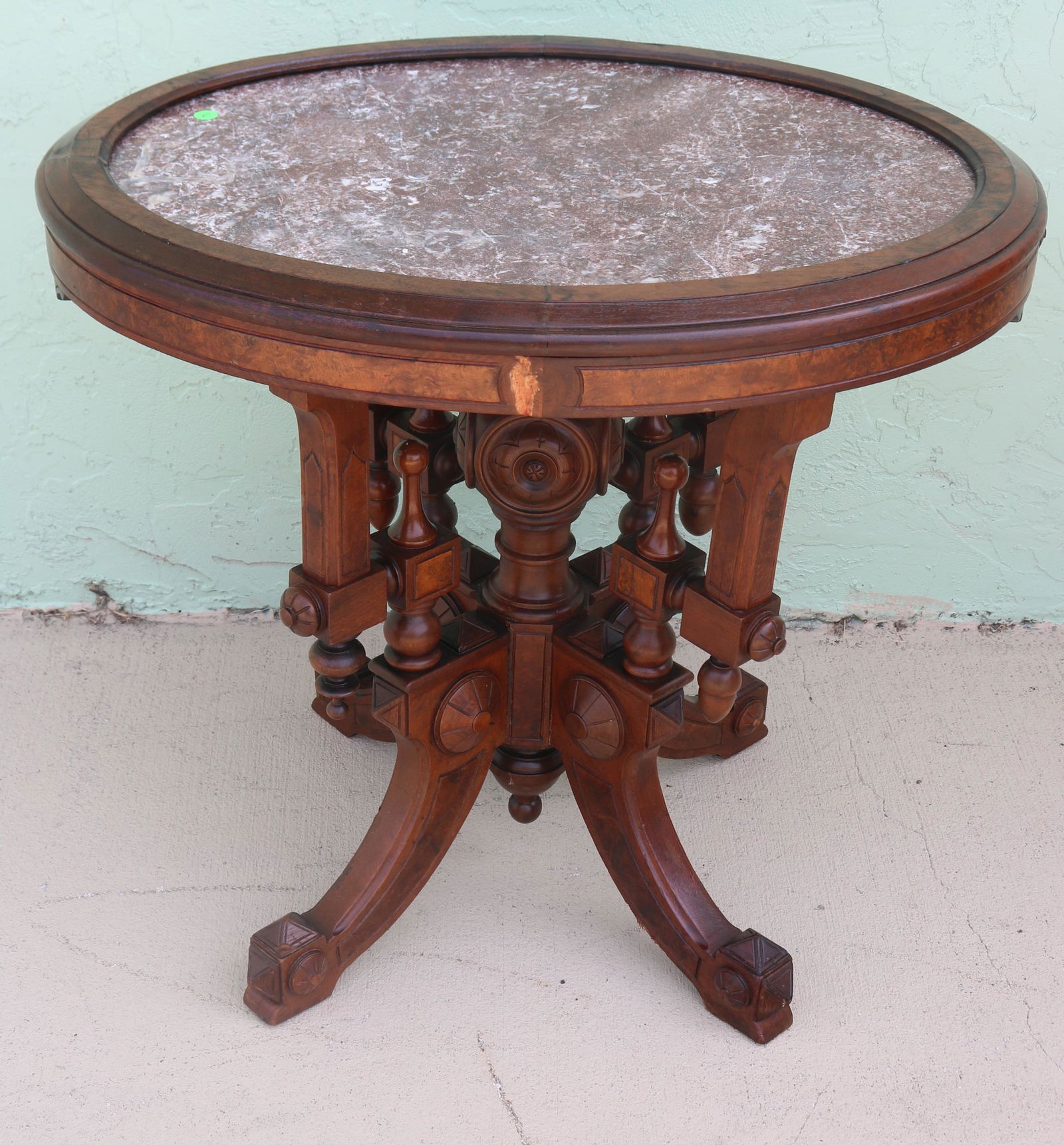 ORNATE VICTORIAN WALNUT TABLE, OVAL INSET BROWN (1 of 2)