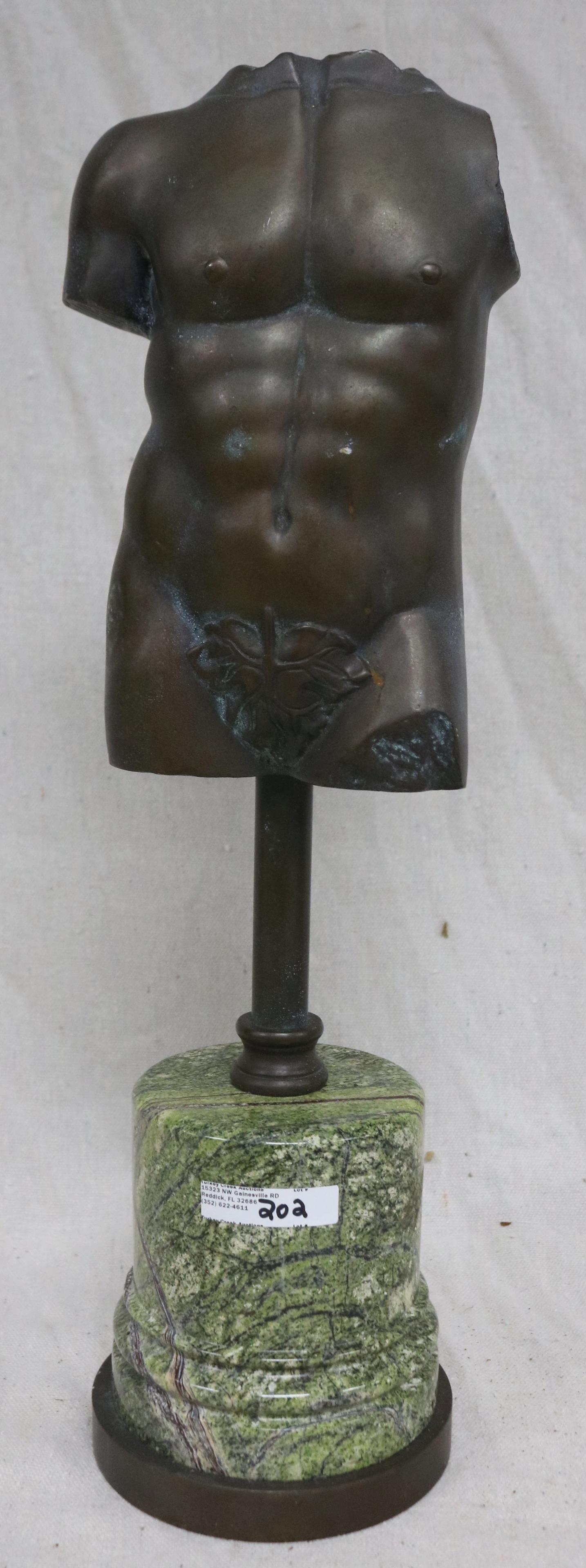 BRONZE TORSO ON GREEN MARBLE BASE, MID 20TH C. (1 of 2)