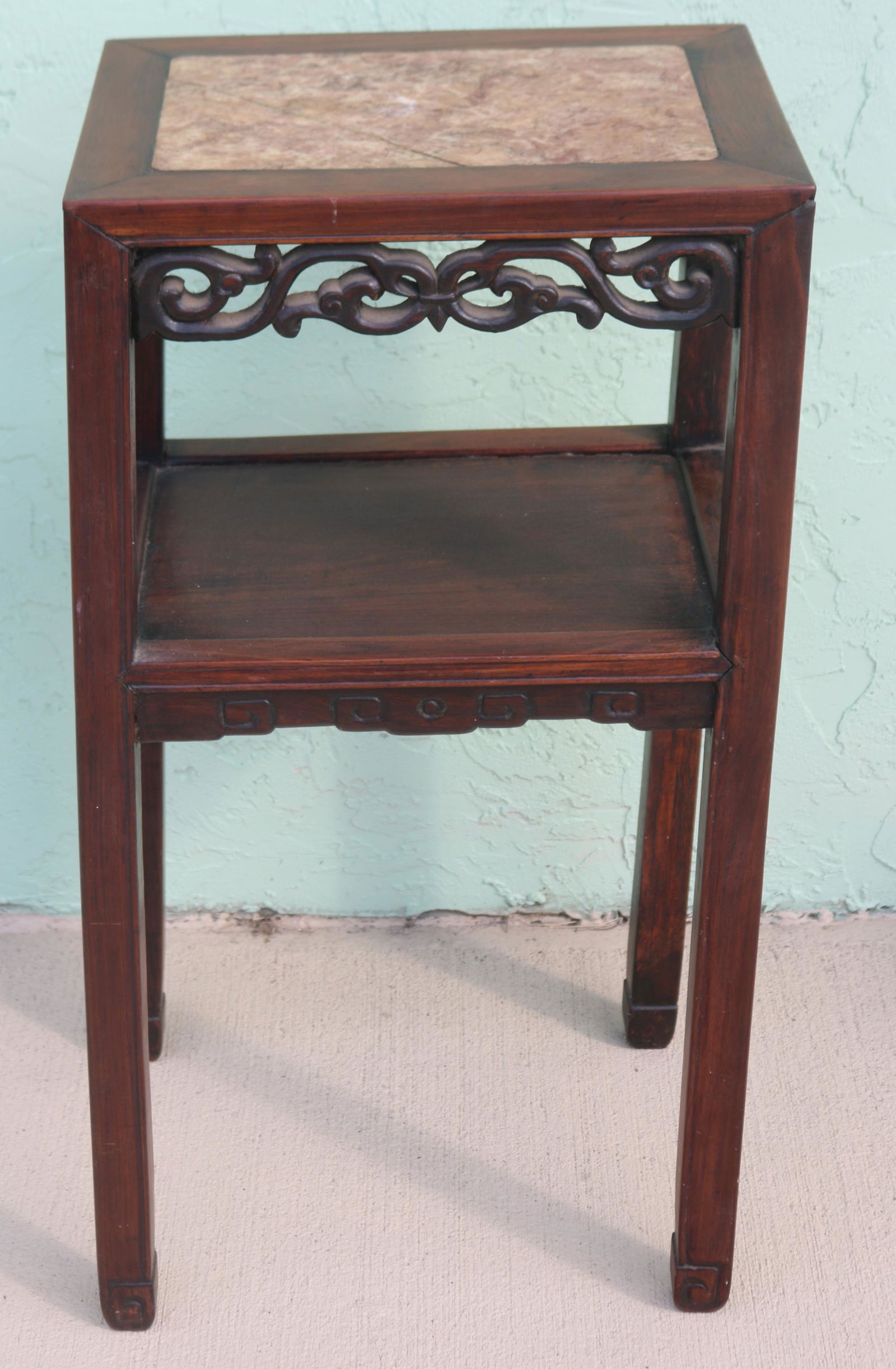 TALL CHINESE TEAK STAND WITH INSERT MARBLE TOP, (1 of 1)