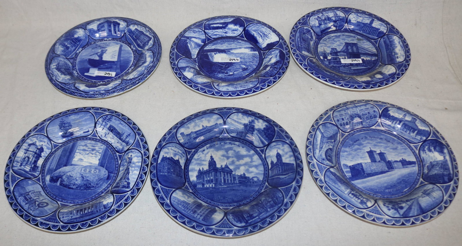 COLLECTION OF 6 ROWLAND & MARSELLUS SOUVENIR: PLATES WITH ROLLED EDGE, ST. AUGUSTINE, MOBILE, BROOKLYN BRIDGE, PLYMOUTH ROCK, NIAGARA FALLS, NEW BEDFORD MA, 10" DIA. GOOD CONDITION