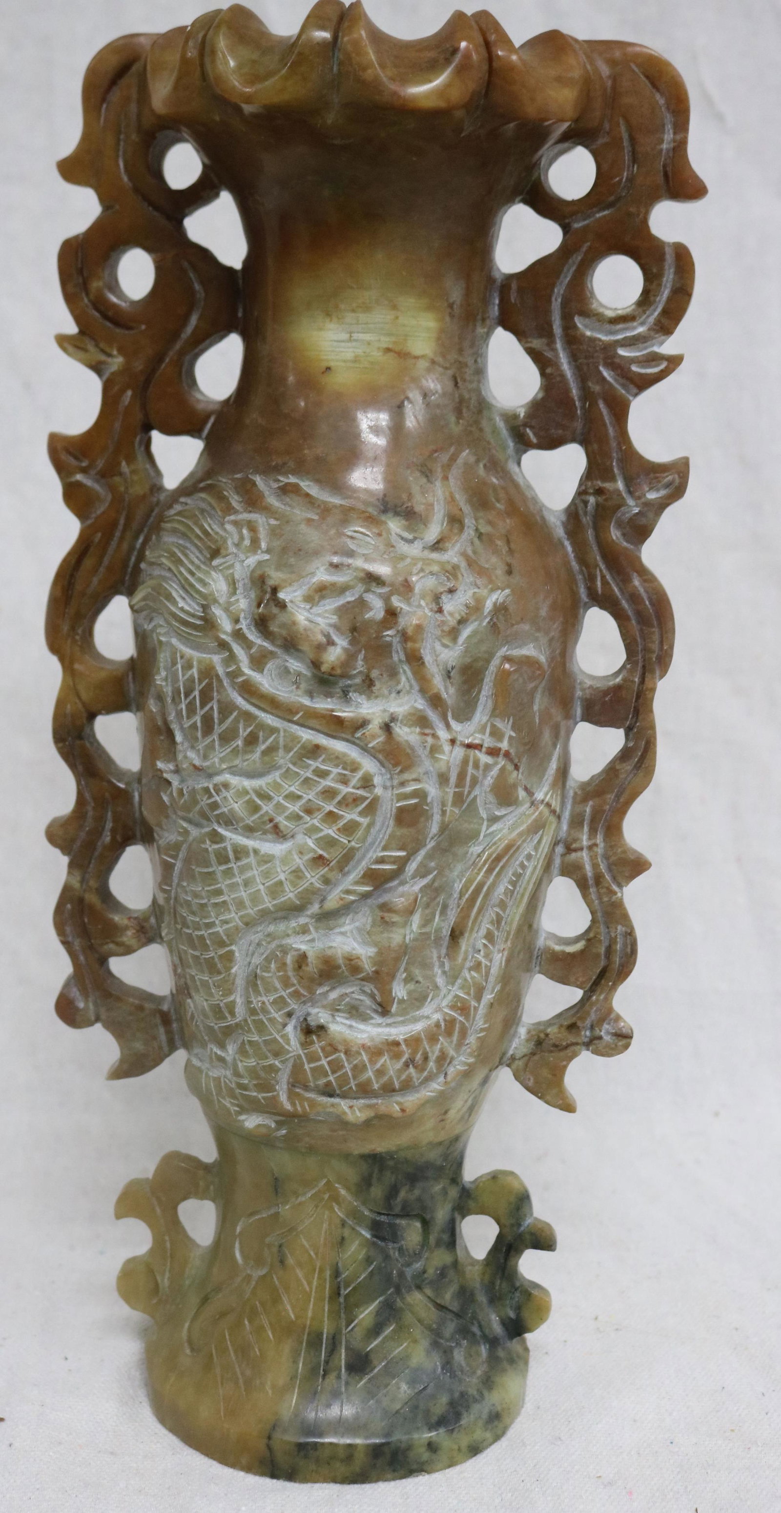 TALL CARVED SOAPSTONE VASE WITH DRAGON MOTIF, 13: 1/4" H, HOLIDAY ESTATE