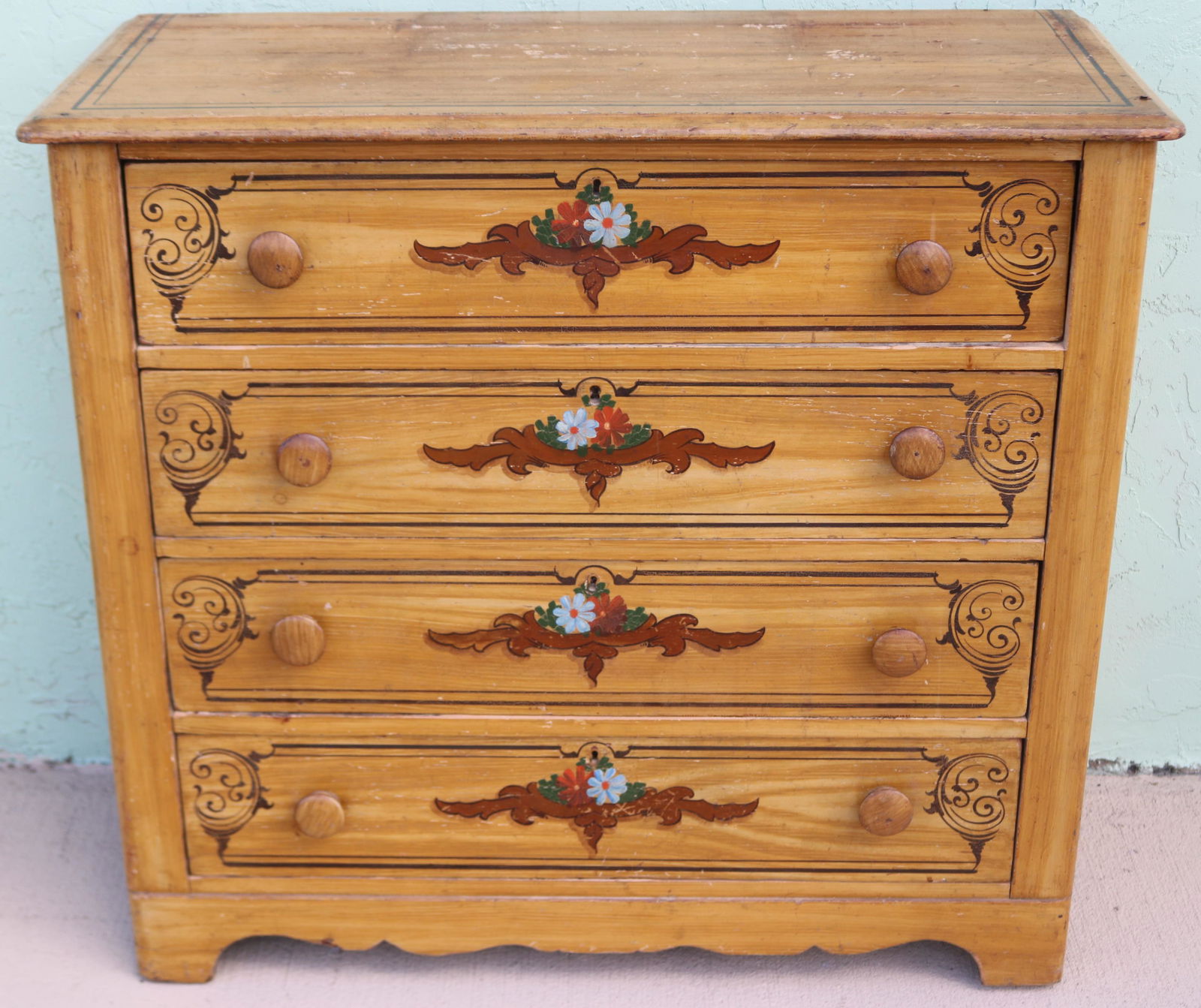 19TH C. COTTAGE PINE 4 DRAWER CHEST, FLORAL (1 of 1)