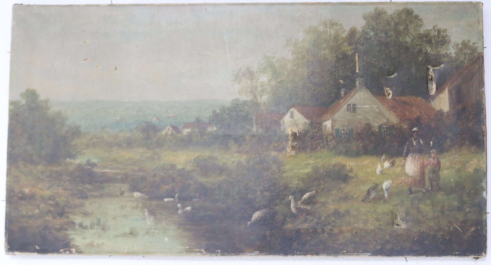 WESLEY WEBBER 1841-1914, OIL ON CANVAS, FARM: SCENE WITH DUCKS, FIGURES, BUILDINGS, SIGNED LOWER RIGHT, MANY HOLES & SCRATCHES, NEEDS RESTORATION, NO FRAME, 16" X 30"