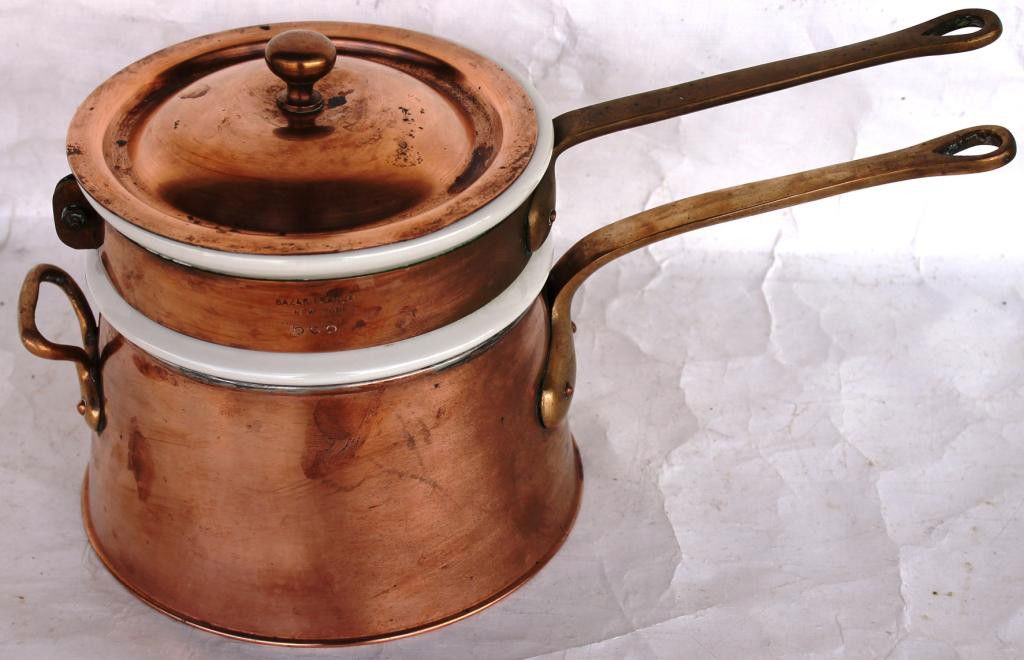 3 COPPER DOUBLE BOILER WITH HALL PORCELAIN INSERT,