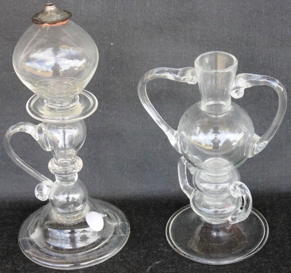 TWO 19TH C. BLOWN GLASS WHIMSIES,: 9 1/2" HANDLED WHALE OIL LAMP WITH OLD TIN BURNER, OTHER 7 1/2" HANDLED VASE OR SPILL HOLDER
