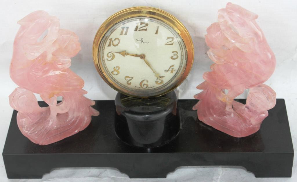 ART DECO CLOCK MOUNTED ON BLACK SOAPSTONE BASE,: WITH ROSE QUARTZ CARVED BIRD FIGURES, 6" H, 9 1/4" W, 2 1/2" D