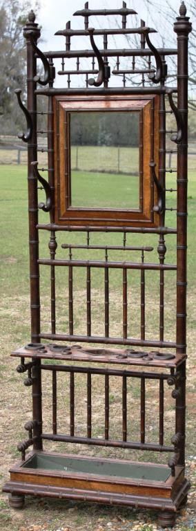 19TH C. FAUX BAMBOO CANE & UMBRELLA STAND,: WALNUT & BIRDS EYE MAPLE, OLD FINISH, ORIGINAL TIN PAN, WITH MIRROR, SHOWS SOME SLIGHT DAMAGE TO SPINDLE & FINIAL, 83 1/2" H, 28 1/4" W, 13" D