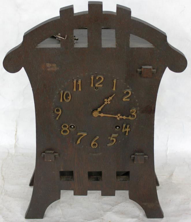 MISSION OAK STYLE SHELF CLOCK, BY SESSIONS,: ORIGINAL FINISH, 17" H, 1 PIECE OF TRIM MISSING, NEEDS CLEANING
