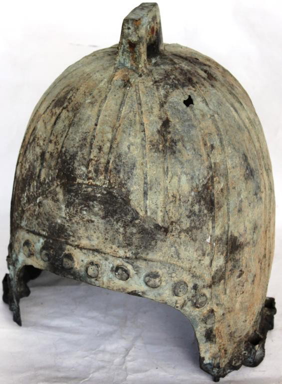 UNUSUAL CAST BRONZE HELMET OF ANCIENT DESIGN,: 12" H, 9" DIA., AGE UNKNOWN
