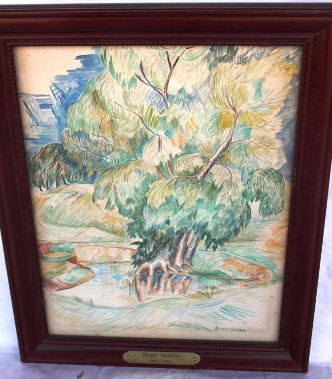 DOUBLE SIDED FRAMED & GLAZED WATERCOLOR DRAWING: BY BIRGER SANDZEN, 13 1/2" X 10 1/4" SIGHT