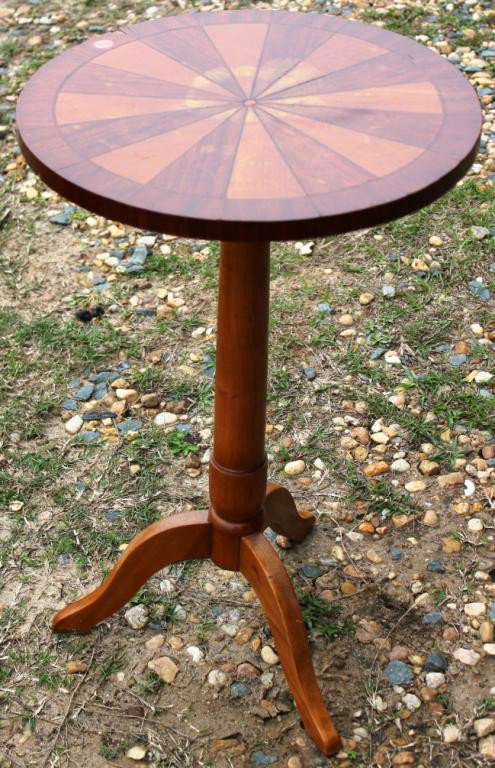19TH C. CANDLE STAND WITH INLAID ROUND TOP,: REFINISHED, 26 1/2" H, 16 1/2" DIA.