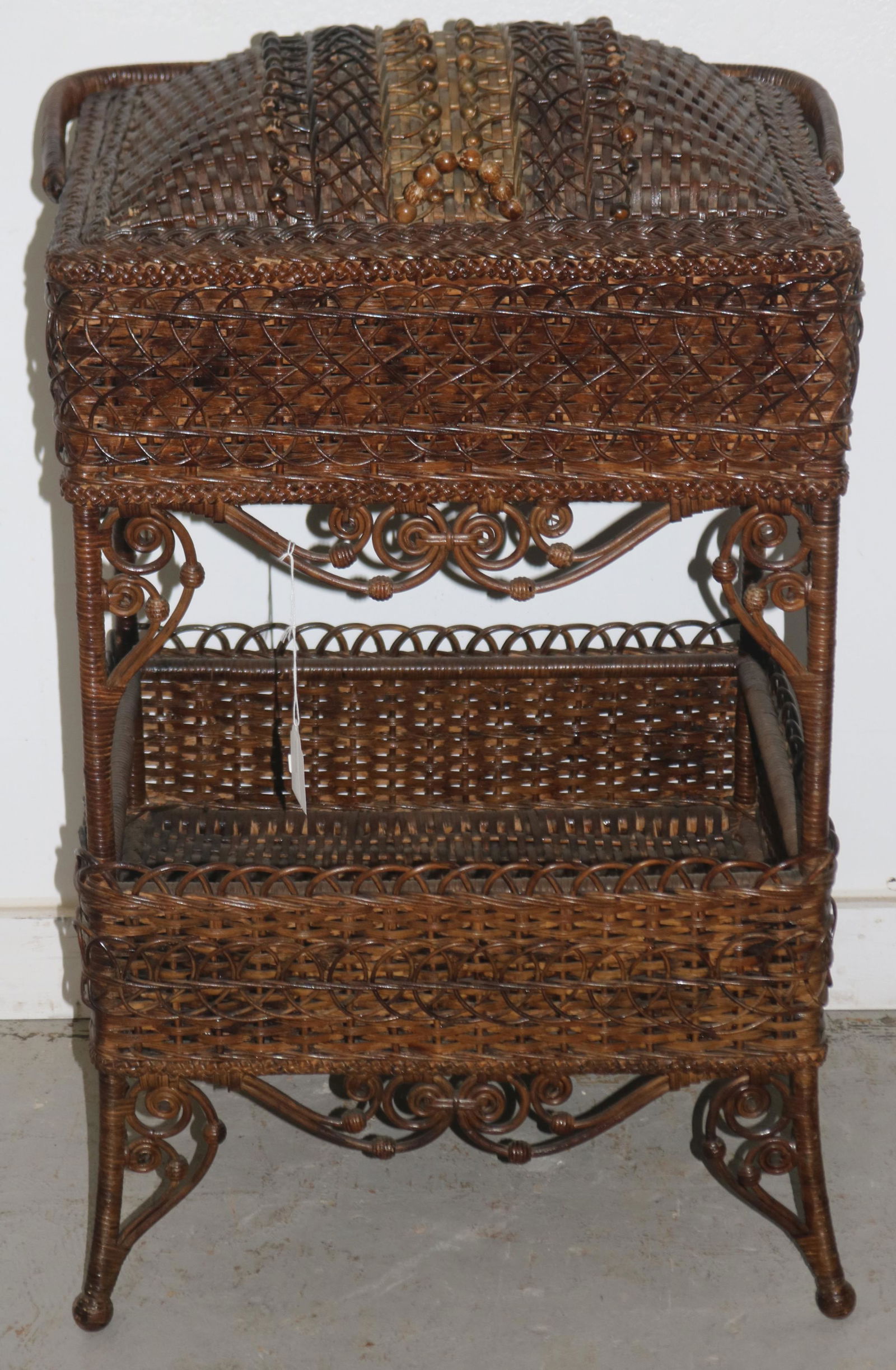 ORNATE VICTORIAN WICKER SEWING STAND, C. 1890, (1 of 4)