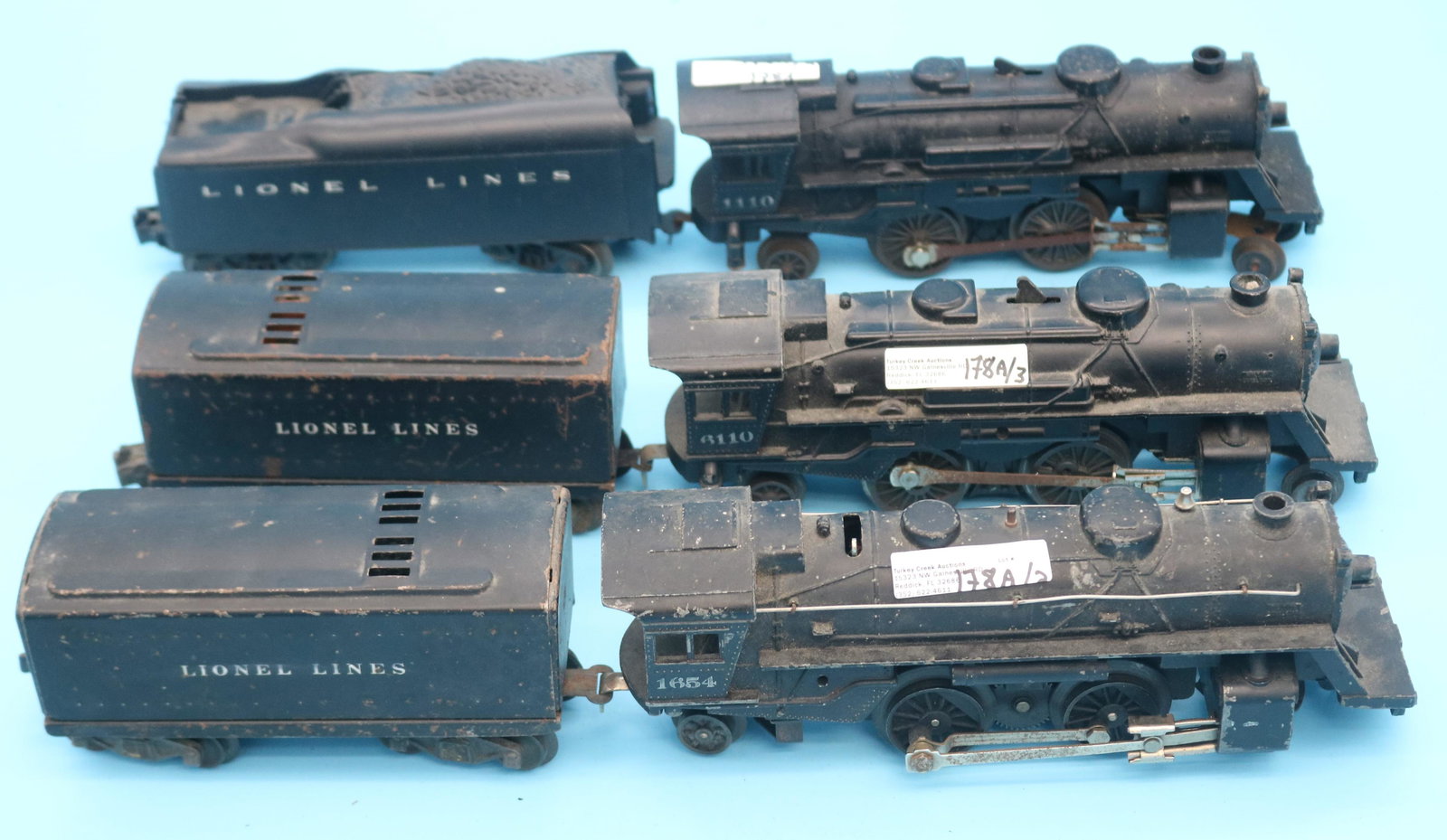 3 LIONEL 2-4-2 LOCOMOTIVES & TENDERS, #1654,: #6110, #1110, 3" H, 9" - 9 1/2" L, TENDERS, 6" - 7 1/2" L