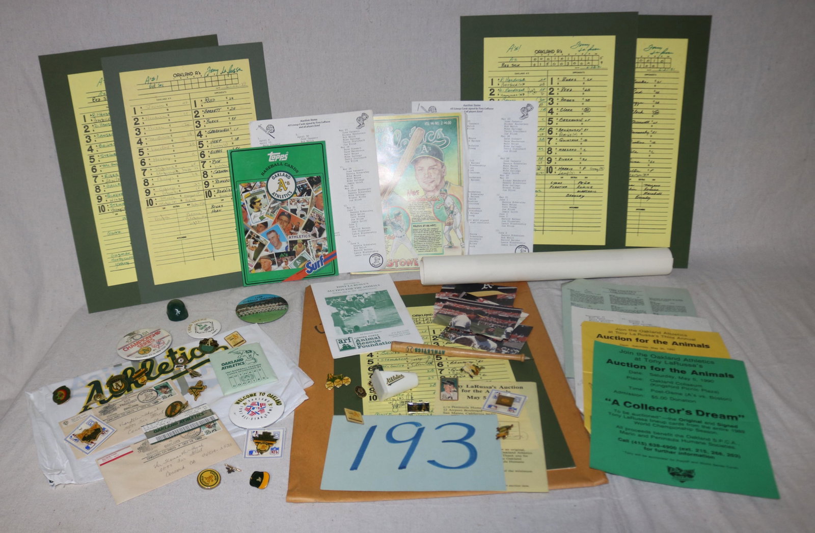 APPROX. 50 MISC. OAKLAND A'S MEMORABILIA ITEMS TO: INCLUDE PINS, EPHEMERA, SCORE CARDS, PHOTOS, ETC.