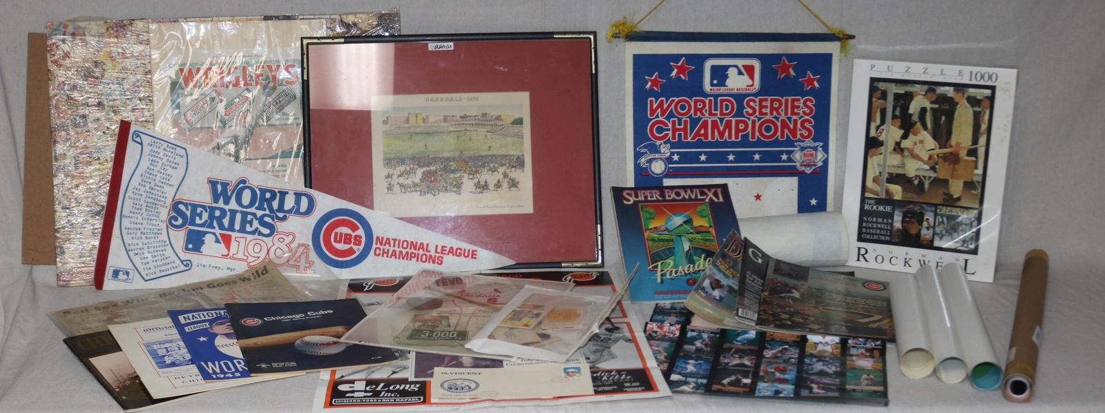 APPROX. 28 PCS. BASEBALL MEMORABILIA, PUZZLES,: PENNANTS, PRINTS, MAGAZINE, POSTERS, NEWSPAPERS, ETC.