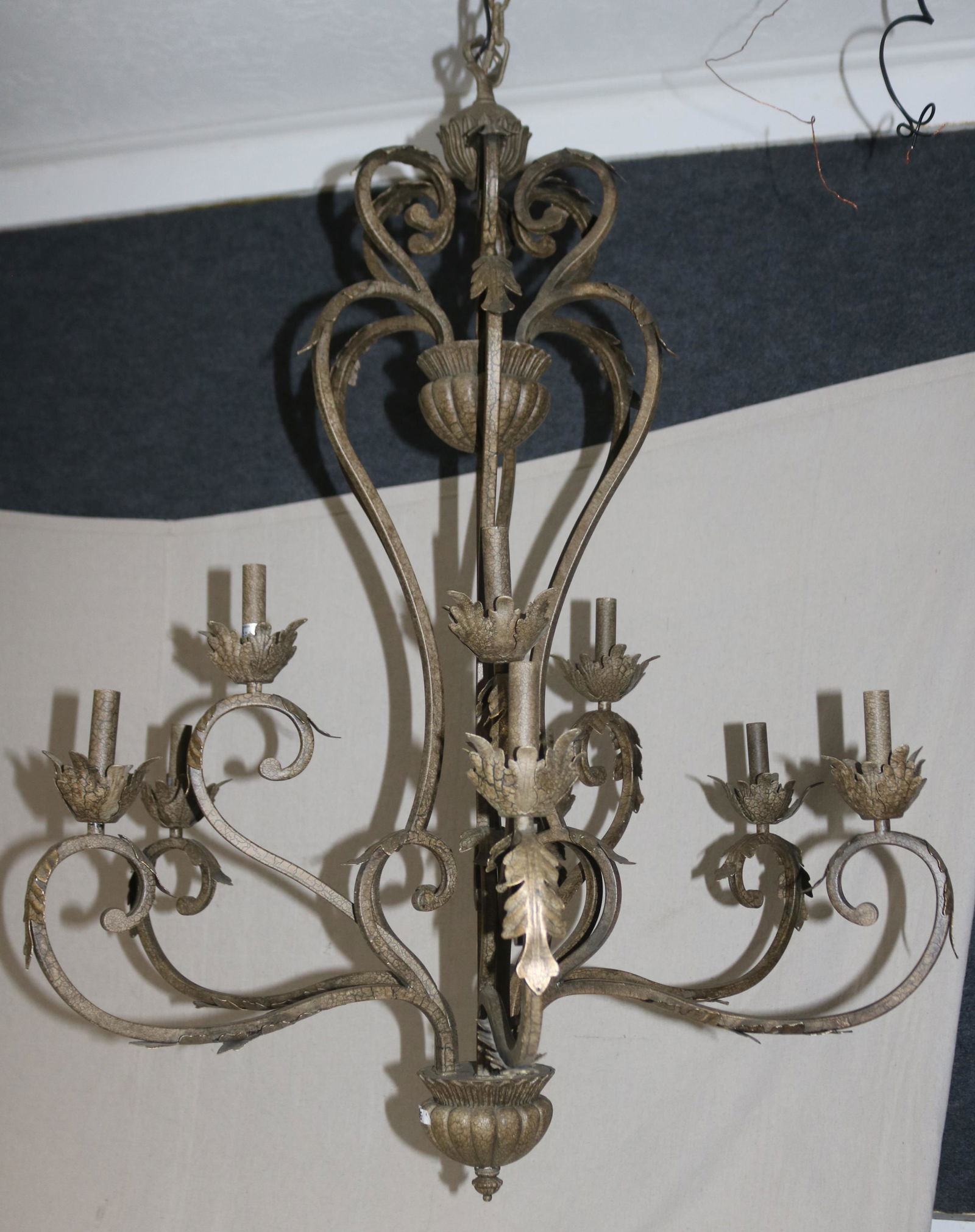 LARGE WROUGHT IRON 9 LIGHT CHANDELIER, 44" H, 36" (1 of 3)