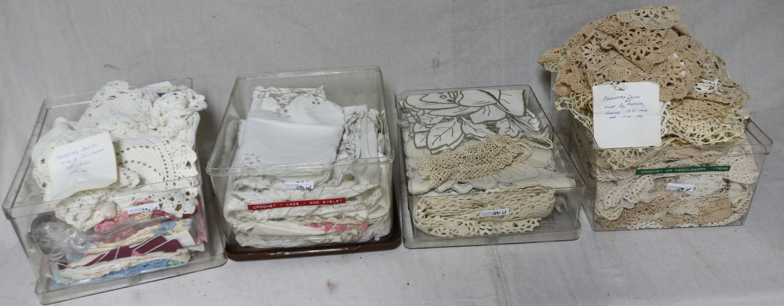 4 BINS, CROCHET & OTHER LINENS WITH NOTES DATING (1 of 4)