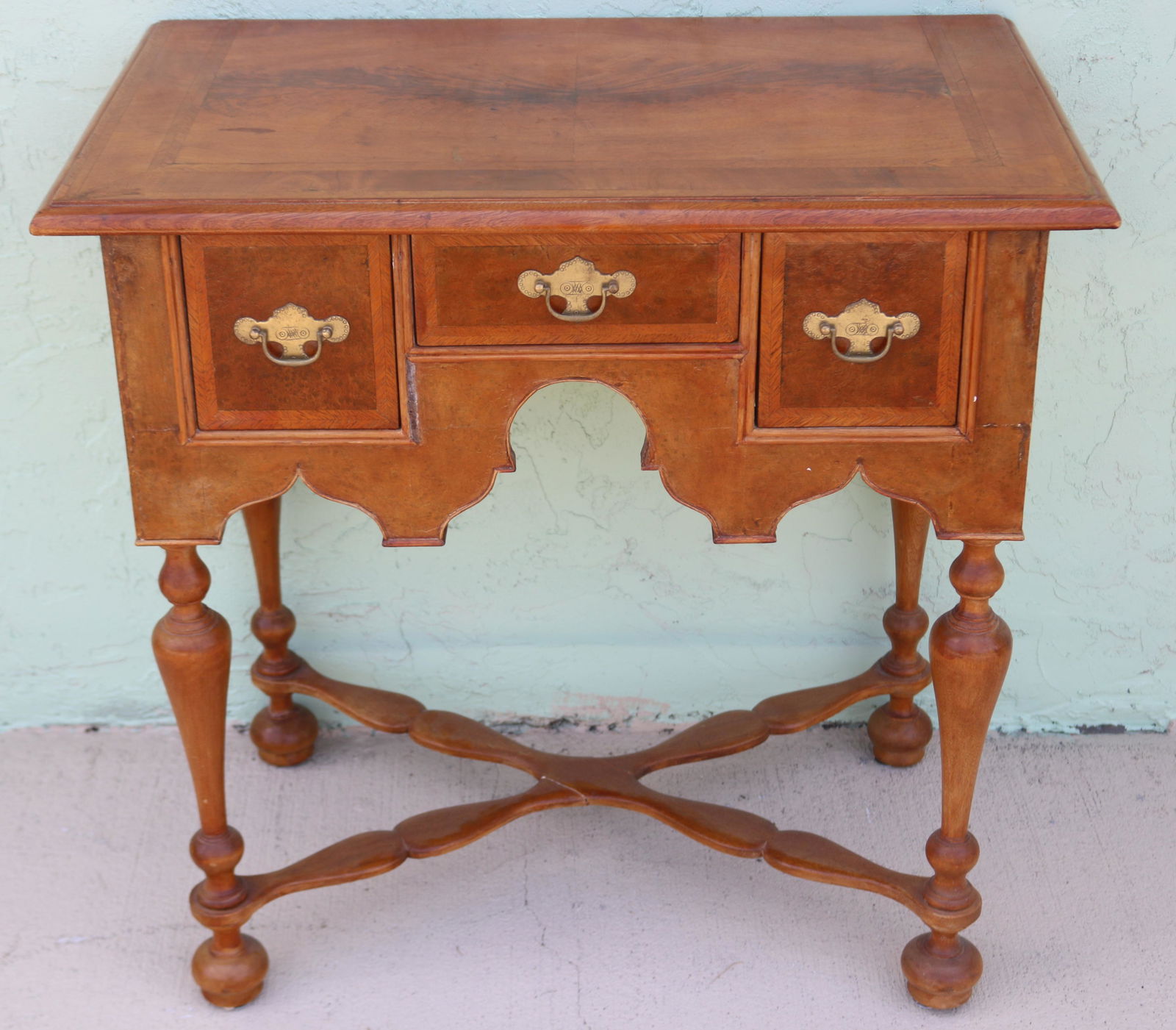 RESTORED 18TH C. WILLIAM & MARY STYLE LOWBOY,: HERRINGBONE & BURL INLAY, TRUMPET STYLE LEGS, X STRETCHER BASE, REPLACED BUN FEET, REFINISHED CONDITION, PROBABLY REPLACED TOP, 28 1/2" H, 29 1/2" W, 17 3/4" D