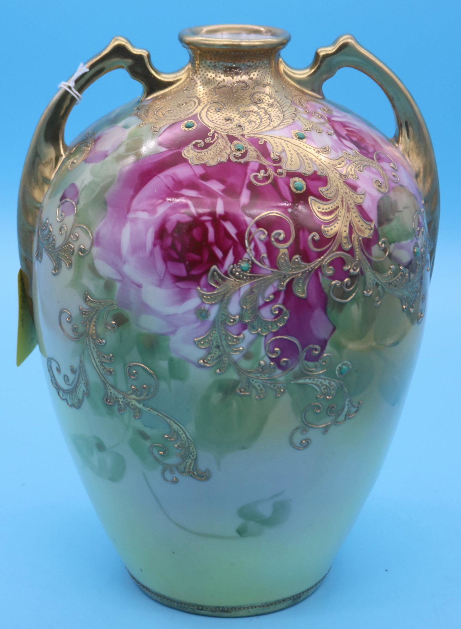 LARGE NIPPON HANDLED VASE, HAND PAINTED FLORAL: DESIGN WITH GILT & JEWELED DECORATION, NO DAMAGE, 13" H, 10" DIA.