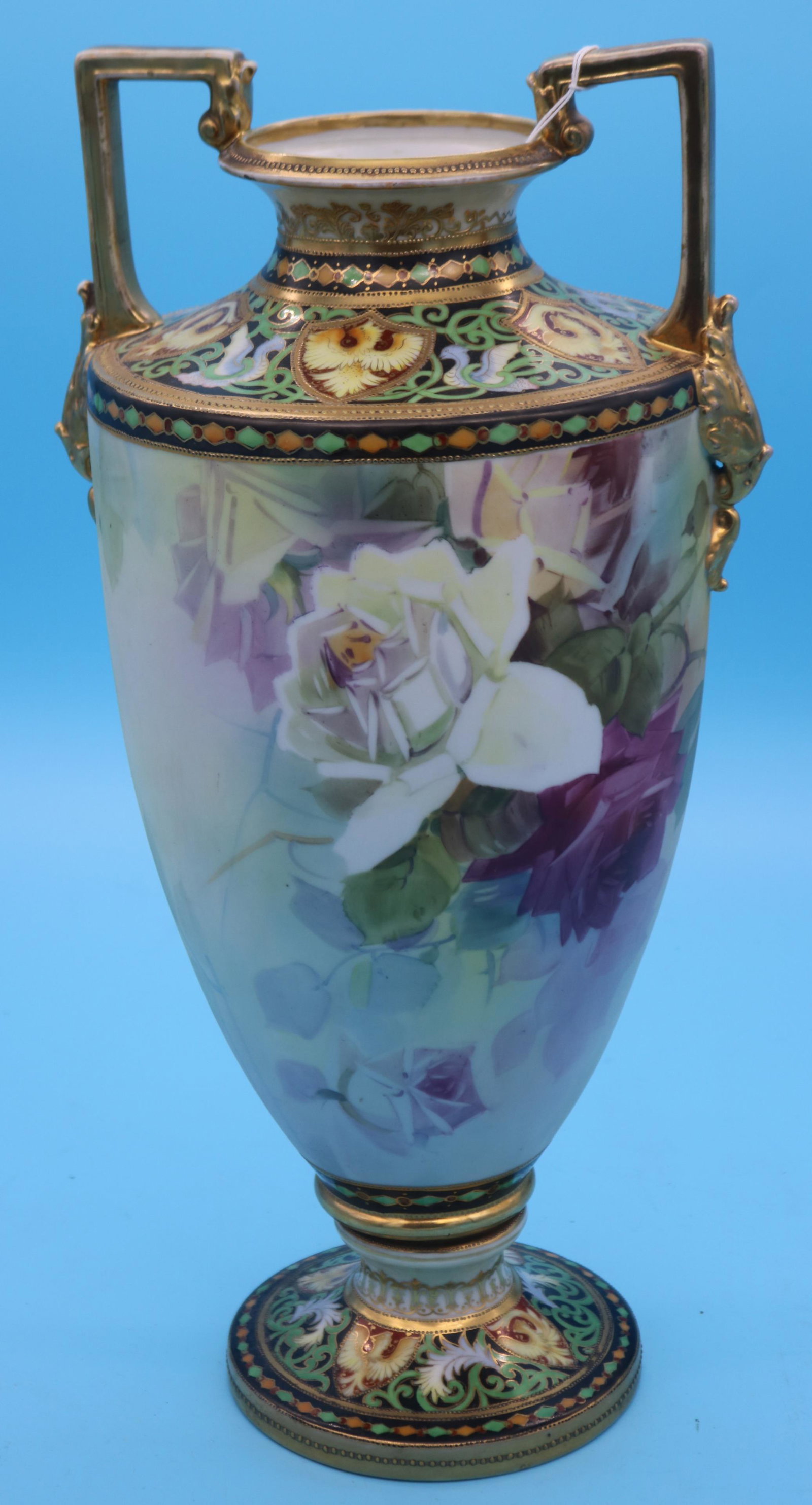 LARGE NIPPON URN FORM VASE, DOUBLE HANDLE, GILT &: FLORAL DECORATION, 2 PART CONSTRUCTION, SOME WEAR TO GILT, 17 1/2" H, 9" DIA., NO DAMAGE