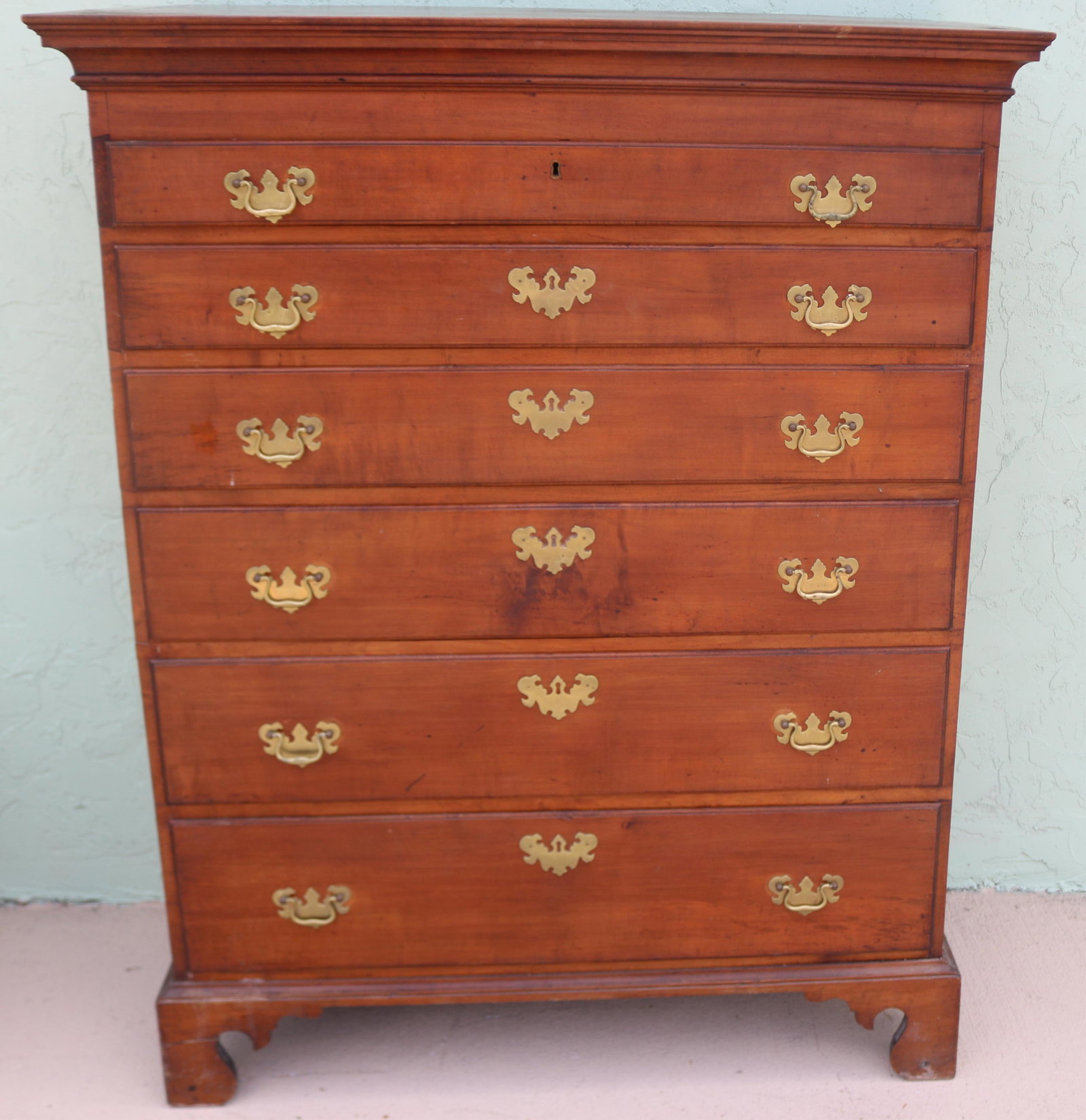 18TH C. 6 DRAWER TALL CHEST, CHERRY & MAPLE: GRADUATED DRAWERS, BRACKET BASE, ORIGINAL DOVETAIL CASE, OLD REFINISHED CONDITION, OLD REPLACED BRASSES, 53" H, 42 1/2" W, 21" D, 38 3/4" W CASE