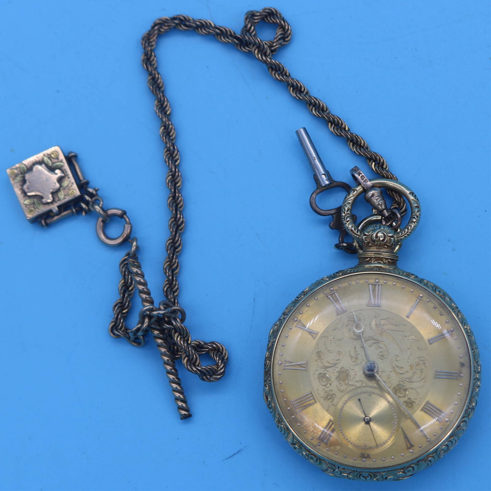 18k Key Wind Pocket Watch, 19th C. Engraved Dial Auction
