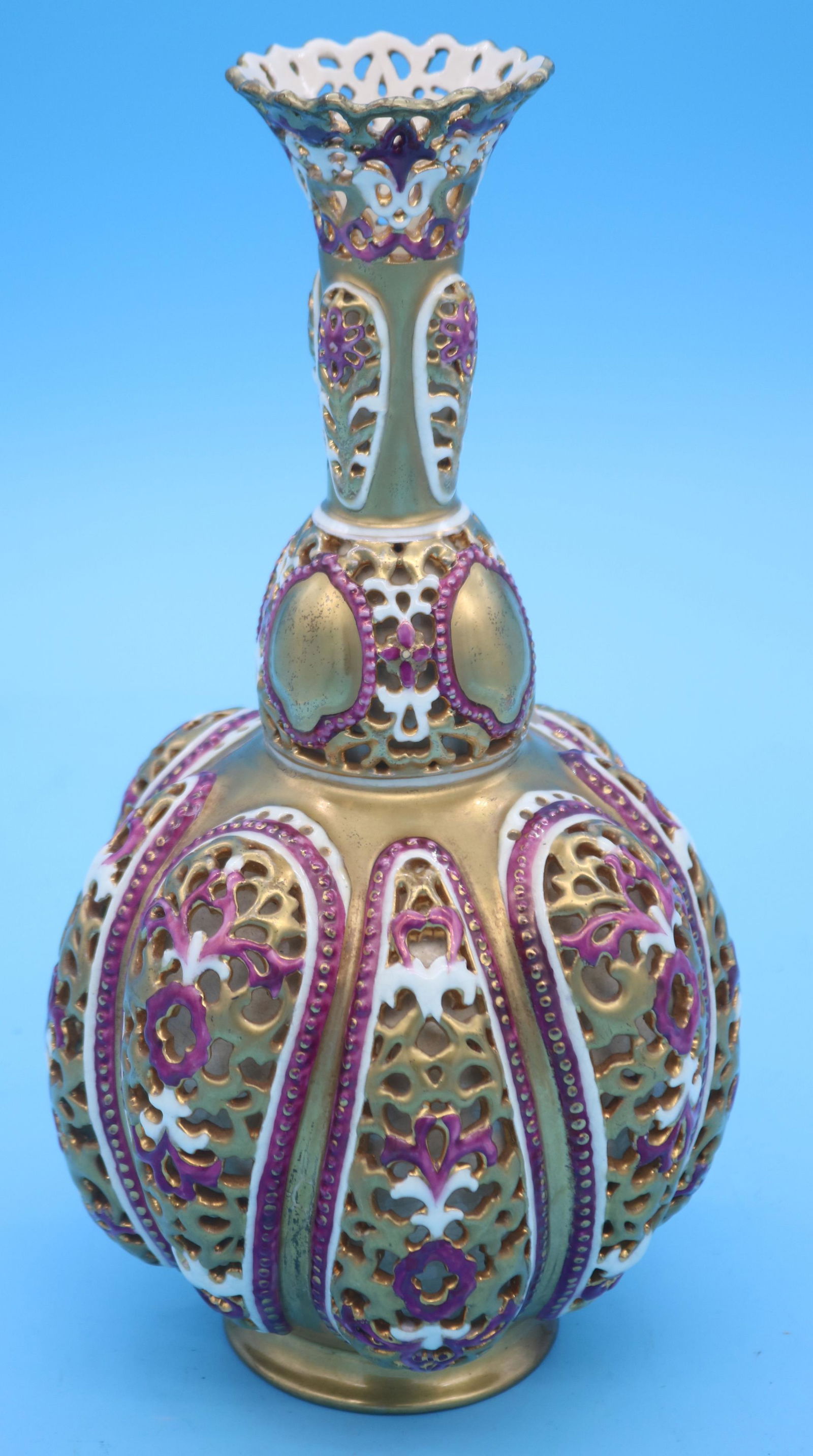 EARLY ZSOLNAY OPEN WORK VASE, 19TH C. GOLD GILT 8: PAINTED DECORATION, 12" H