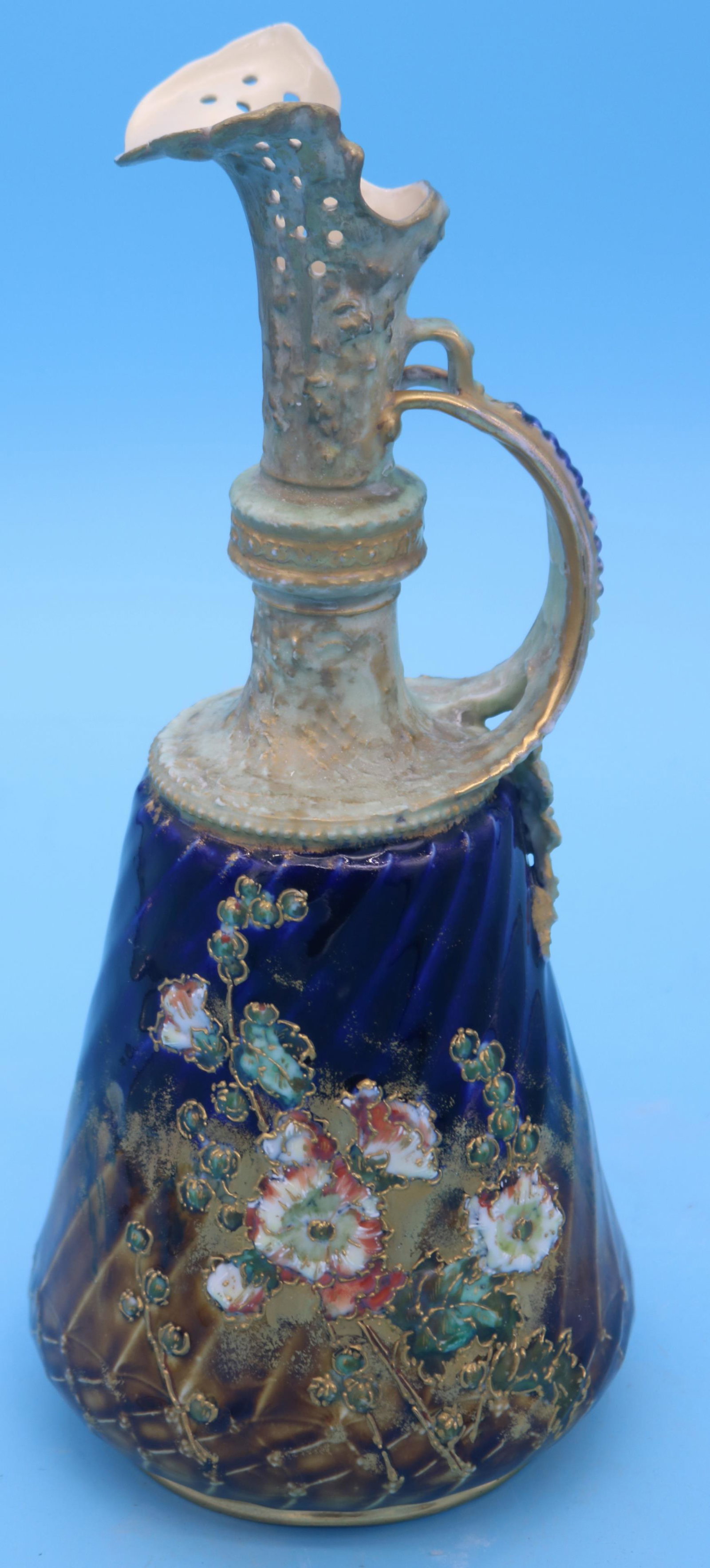 TEPLITZ PORCELAIN EWER, ALEXANDRA PORCELAIN: WORKS, ERNST, WHALISS, TURN TEPLITZ, BLUE GROUND, GILT HIGHLIGHTS, 12 3/4" H, 5 1/2" DIA.