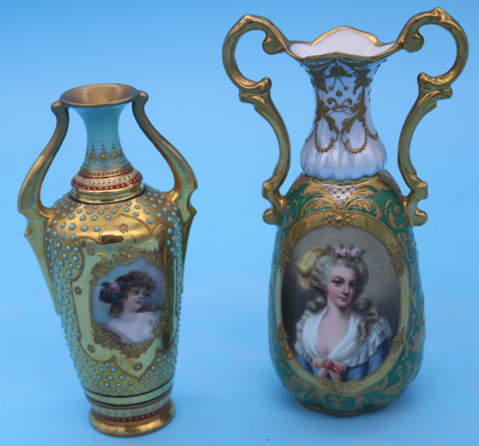2 DRESDEN PORCELAIN PORTRAIT VASES, BOTH WITH: HANDLES, 7" VASE SIGNED CAMGAY, 6" JEWELED VASE WITH PORTRAIT