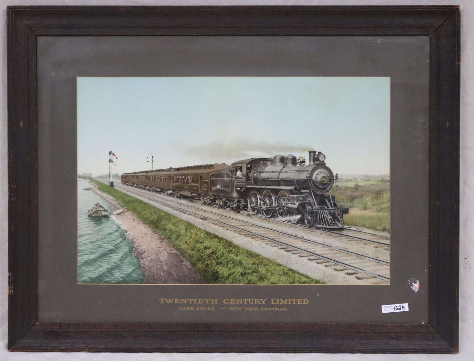 FRAMED PHOTOGRAPH "TWENTIETH CENTURY LIMITED": LAKESHORE - NEW YORK CENTRAL, 13 3/4" X 20 3/4" SIGHT, 23" X 30" OVERALL, ORIGINAL MAT & OAK FRAME