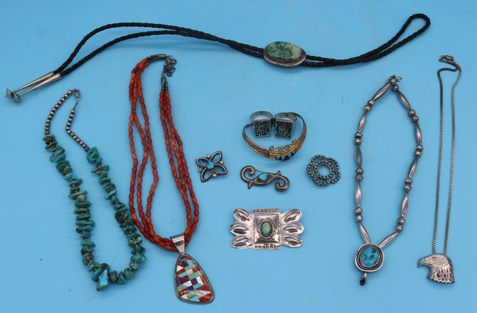 LOT 12 PCS. NATIVE AMERICAN JEWELRY, 2 RINGS 9: 1/2 & 10 1/2 STERLING & GOLD FILLED BRACELET, 2 1/4" W, 4 SILVER PINS ON TURQUOIS, 5 NECKLACES, SILVER, TURQUOISE, ETC.