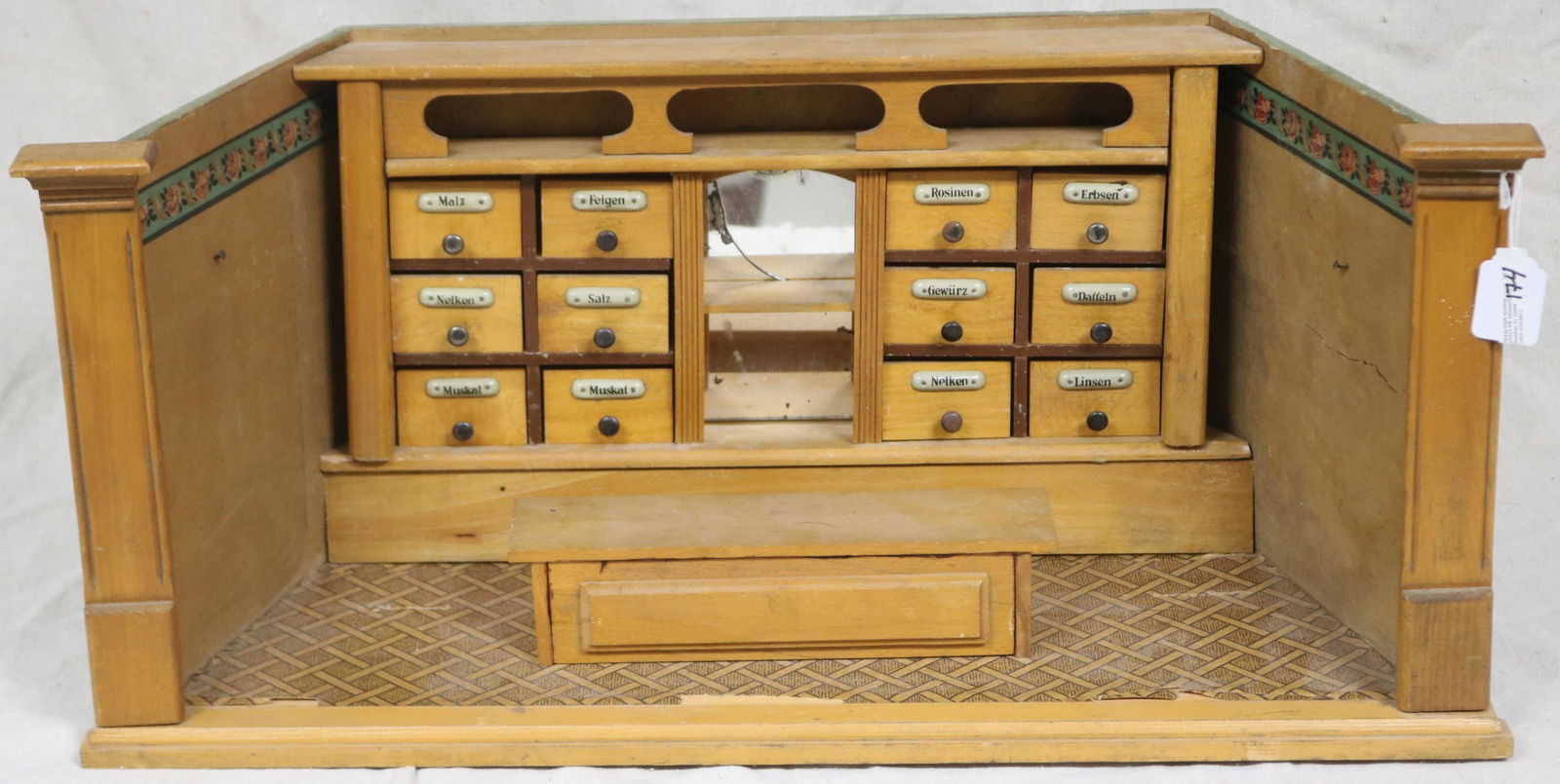 LATE 19TH C. CHILD DRUG STORE INTERIOR, GERMAN,: NATURAL WOOD FINISH, DRAWERS WITH LABELS, MOVEABLE COUNTER, PAINTED BACK, 11 1/2" H, 25" W, 10" D