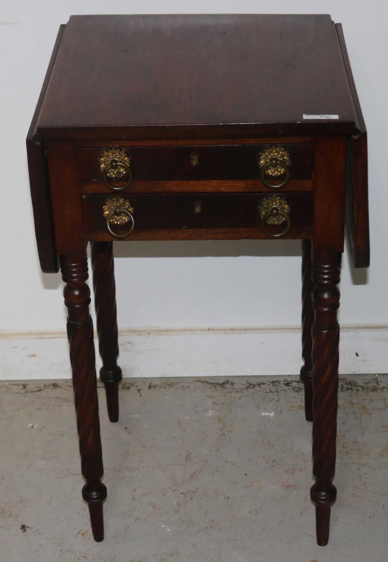 19TH C. 2 DRAWER DROP LEAF WORK TABLE, MAHOGANY: BRASS PULLS, TURNED & ROPE TWIST LEGS, OLD FINISH, 28 1/2" H, 17" W, 17" D, 8 1/2" DROP LEAVES
