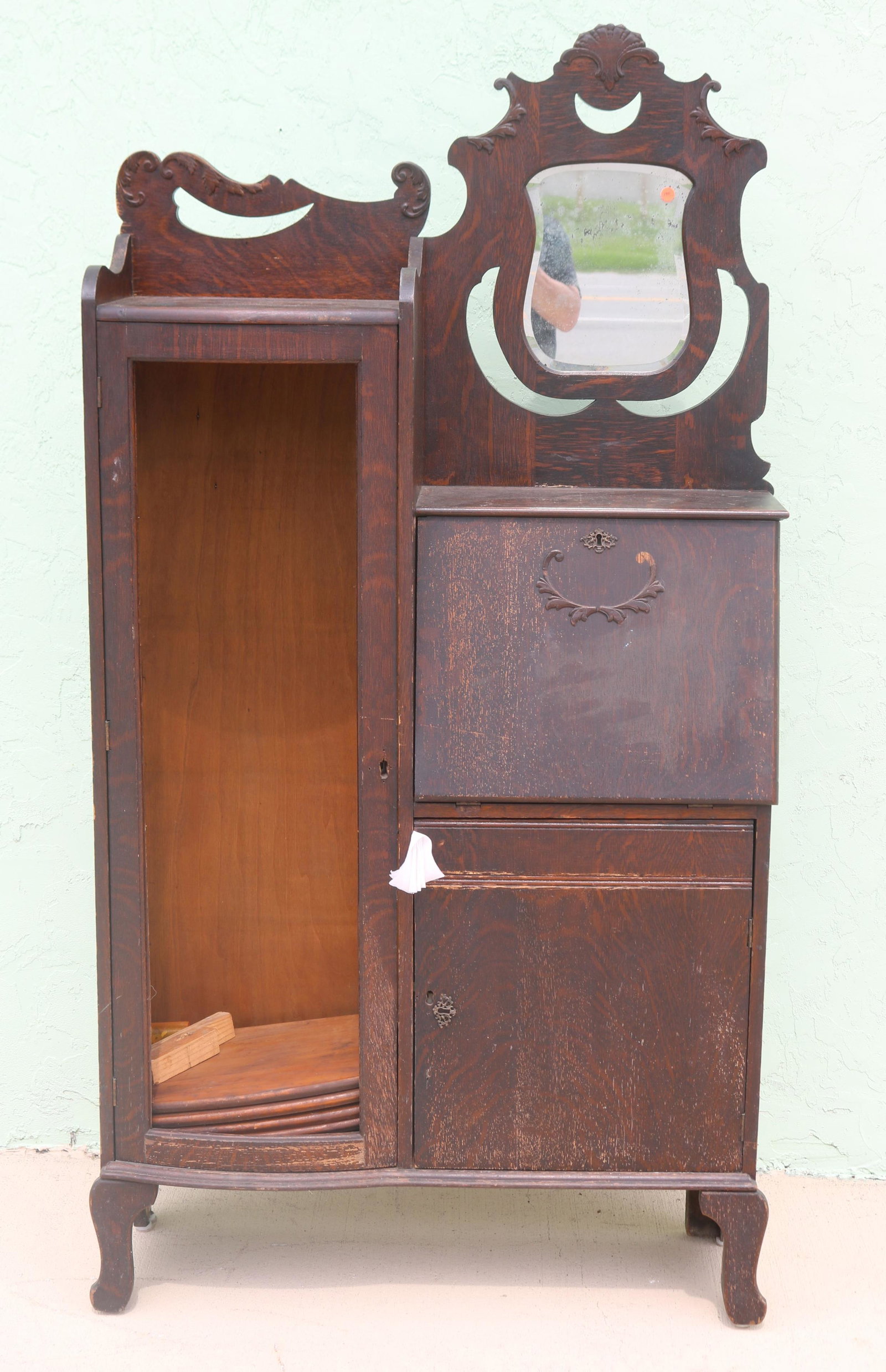 VICTORIAN OAK SIDE BY SIDE, SHAPED & BEVELED: MIRROR, OLD DARK FINISH, CURVED GLASS MISSING, SOME TRIM MISSING, 70" H, 36" W, 13" D