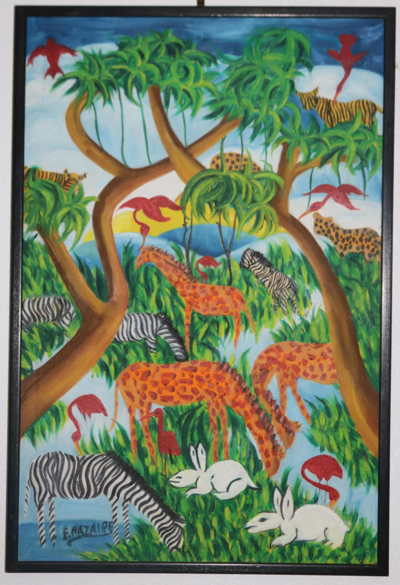 F. NAZAIRE, HAITI, OL ON CANVAS, TROPICAL SCENE: WITH ANIMALS, 24" X 16" SIGHT