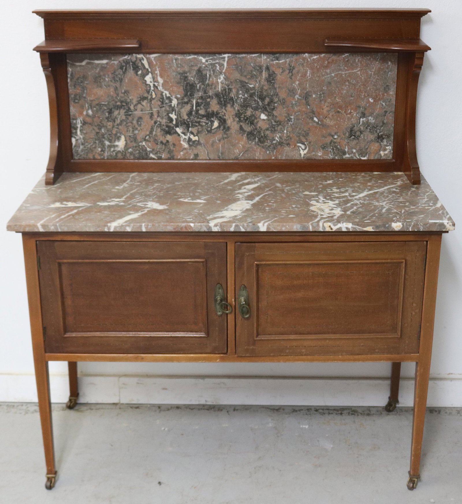LATE 19TH C. INLAID MAHOGANY MARBLE TOP: WASHSTAND, MAHOGANY & MARBLE BACK SPLASH, ORIGINAL FINISH, ENGLISH, 48" H, 42" W, 19" D