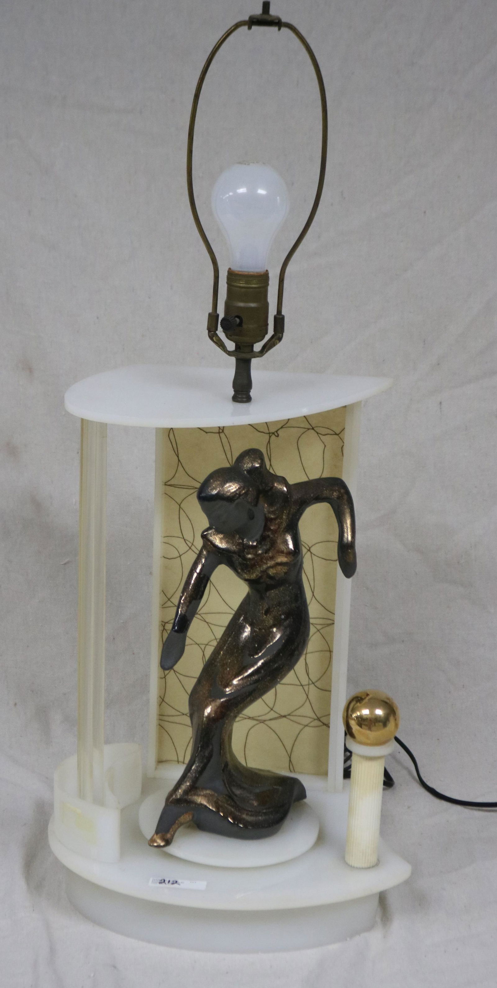 FIGURAL ART DECO TABLE LAMP WITH FEMALE FIGURE,: POTTERY & LUCITE, 29" H OVERALL, 12" W, 9 1/2" D, CLEAN SHADE