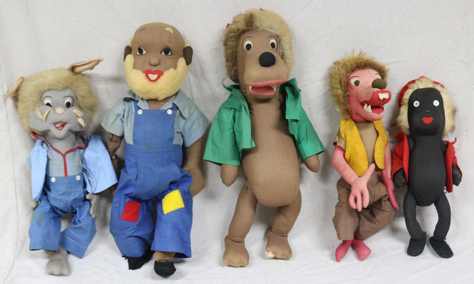 LOT 5 VINTAGE DISNEY SONG OF THE SOUTH FIGURES,: 16" - 22" H, RABBIT MISSING FOOT, OLD MAN WITH BAD FOOT, WOLF SLIGHT FABRIC LOSS TO FOOT, SOME FADING