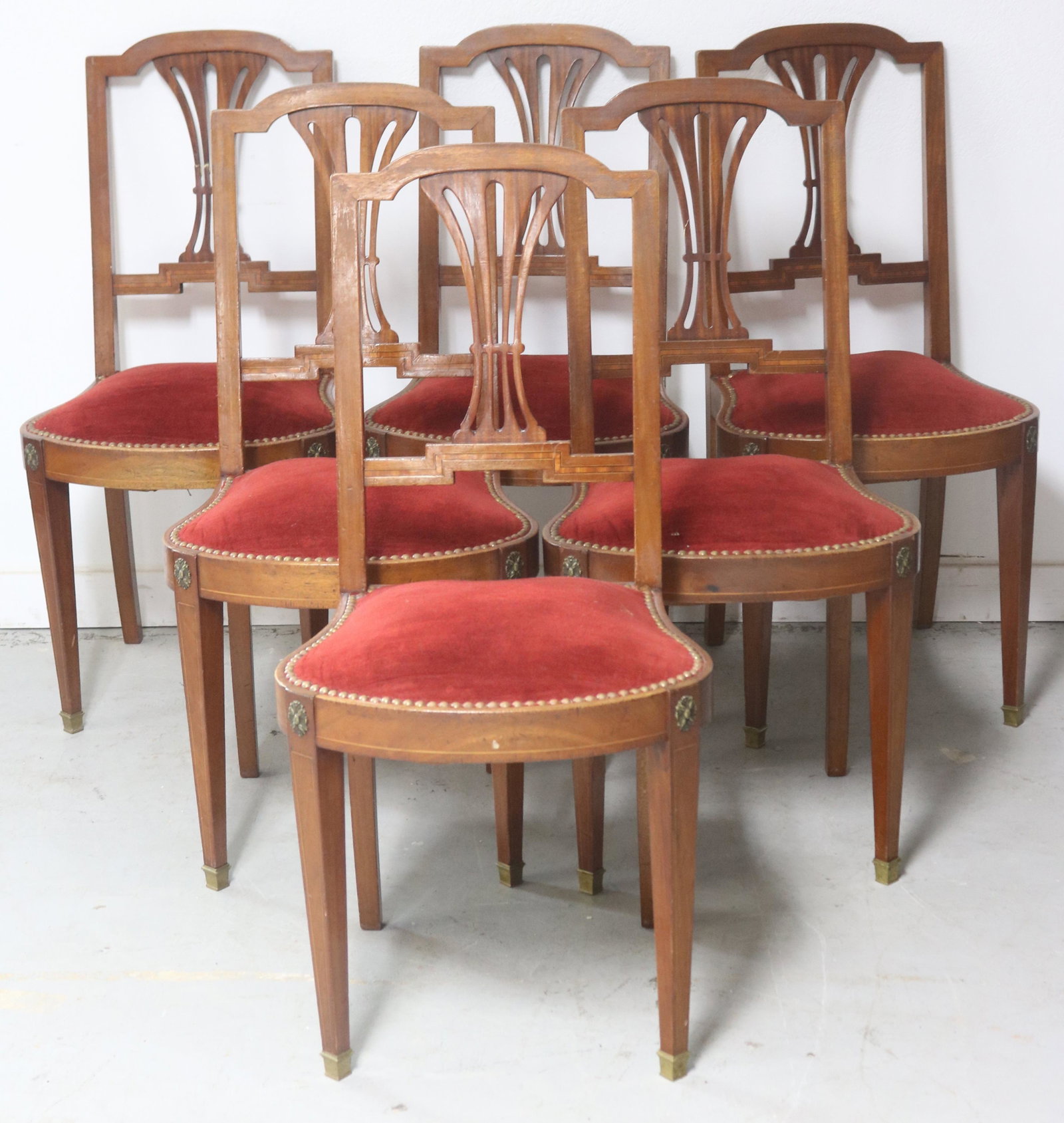 SET 6 INLAID DINING CHAIRS, SEVERAL SHOW DAMAGE,: 37 1/2" H, 18 1/2" W, 18 1/2" D, 19 1/2" SEAT HEIGHT
